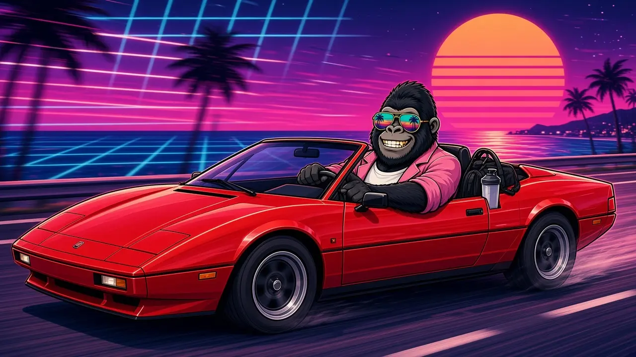 The Silverback driving a red convertible along a neon causeway at sunset