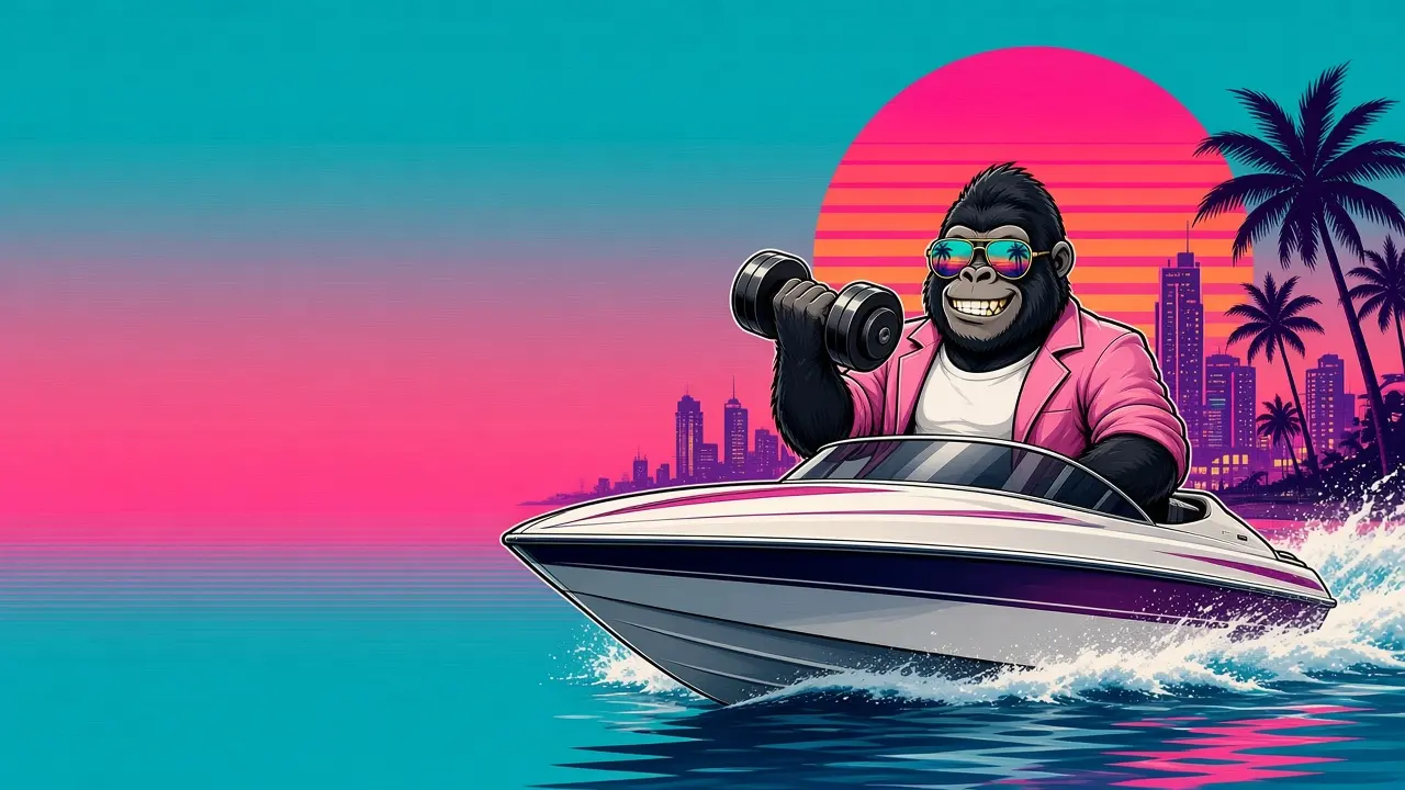 The Silverback, a gorilla in a pink suit and aviators, curling a dumbbell on a speedboat at sunset off Miami