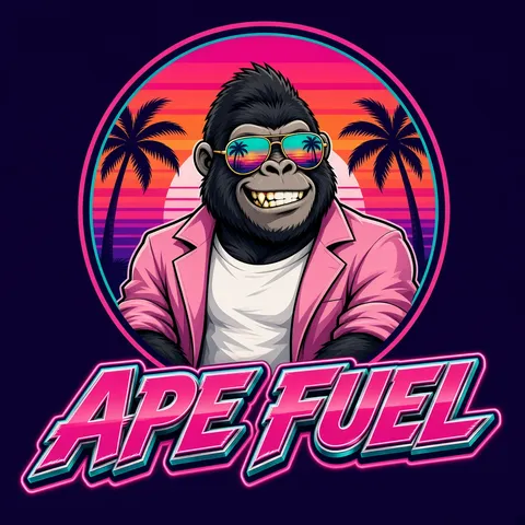 Ape Fuel emblem: the Silverback in aviators and a pink suit inside a sunset badge